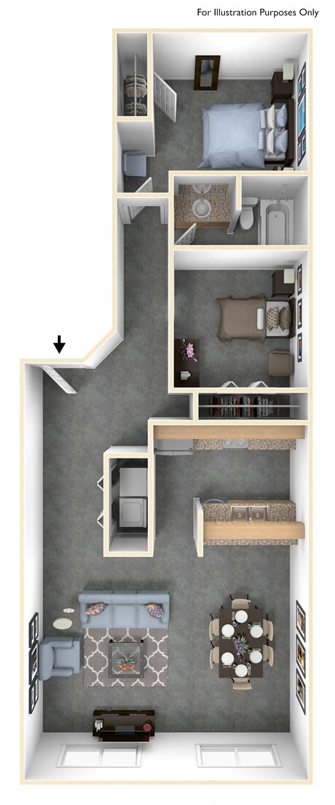 Floor plan for 2 beds, 1 bath, 1021 sqft